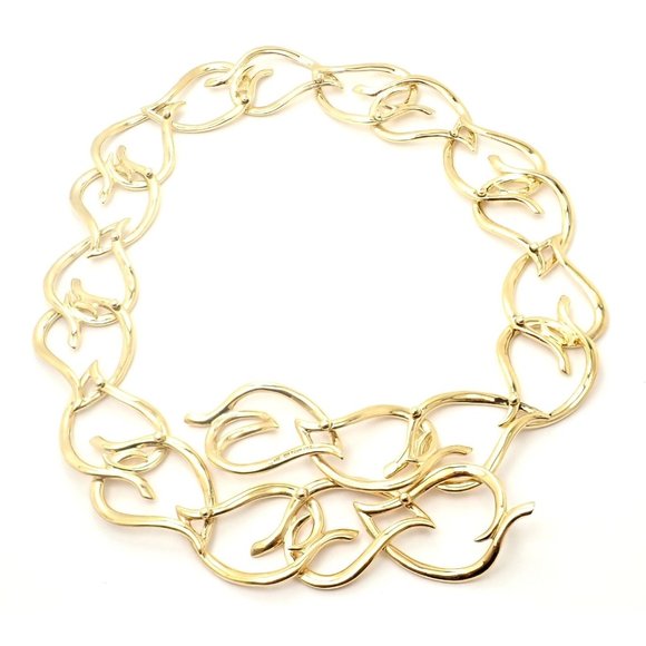 Authentic! Vintage Tiffany & Co 18k Yellow Gold Open Heart Leaf Link Necklace - Picture 6 of 11